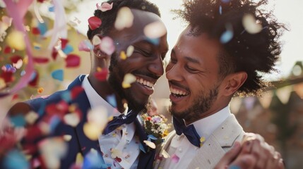 Close-up of a happy newlywed Men, a multiracial gay couple dancing on their wedding day. Love, happy moments of life concepts