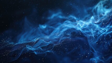 Blue digital particles in motion on a dark blue backdrop evoking depth and motion