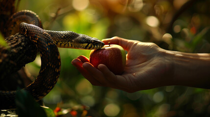 The serpent tempts Eve with an apple in the Garden of Eden.