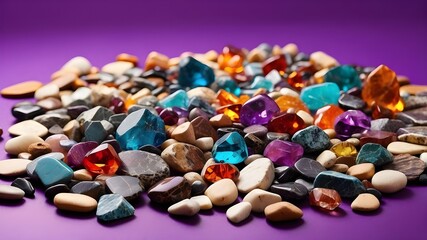 Assorted colored stone arranged on a vibrant purple backdrop