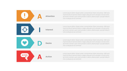 AIDA marketing funnel infographics template diagram with rectangle and arrow badge with 4 point step design for slide presentation