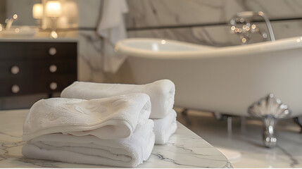 Fresh white towels hang in a luxurious hotel bathroom, ready for a relaxing shower