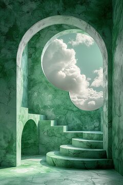 Surreal Green Marble Staircase to Clouds