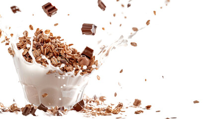 Falling oat granola with milk splash and chocolate
