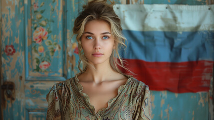 Naklejka premium A woman in a stylish outfit standing with her back to the camera, facing a Russian flag fluttering in the wind, emphasizing national pride and cultural heritage. 