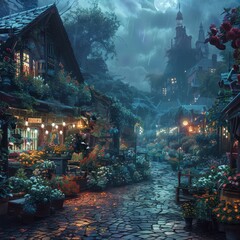 A dark and mysterious city street with a large moon in the sky