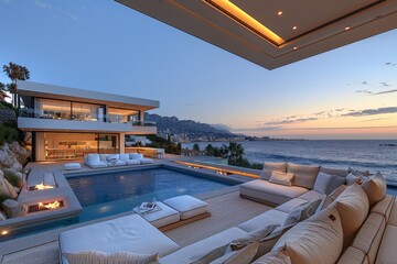 Fototapeta premium Luxurious outdoor pool with panoramic ocean view and modern lounge area, creating a lavish and relaxing retreat