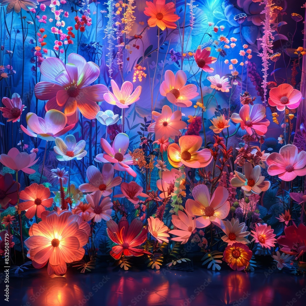Poster a colorful display of flowers with a blue background