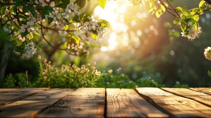 Spring, summer background with an empty wooden table and young flowering tree branches around