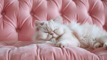 Obraz premium regal white persian cat napping on luxurious pink velvet sofa dreamy pastel colors ai generated