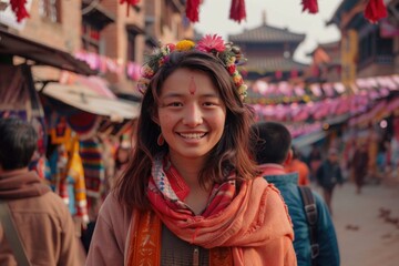 Fototapeta premium A woman wearing a flower headband and a scarf is smiling