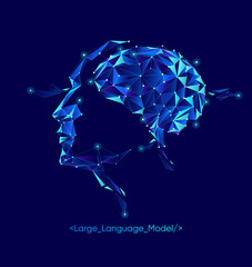 Illustration of Ai brain and face with dot and line. Big data, technology, data transfer, large language model, LLM, NLP, natural language model  chat bot,  generative ai concept