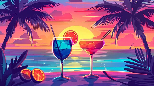 retro cocktails on a tropical beach with palm trees and vibrant sunset ai generated illustration