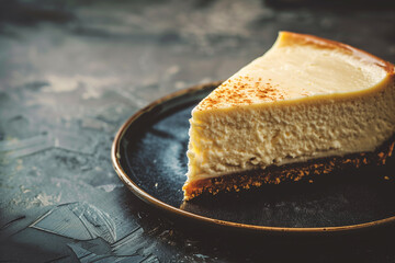 Slice of New York Cheesecake on Plate, Resting on Concrete Floor