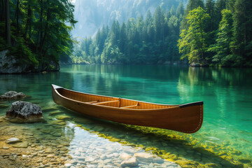 Fototapeta premium Tranquil canoe rests on the clear waters of a lush, forested lake with misty mountains in the background