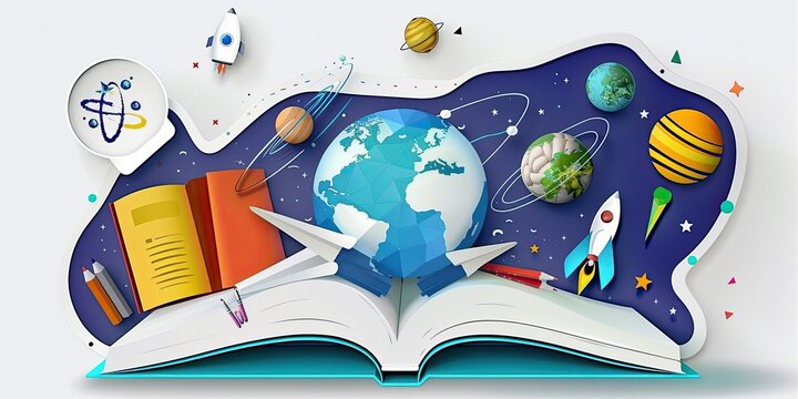 a image of a book with a globe and space objects on it