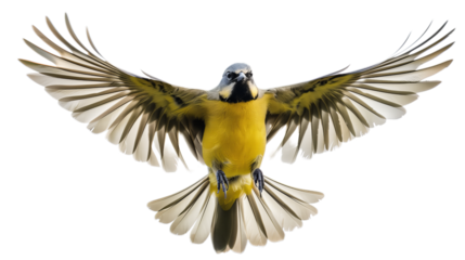 Majestic Yellow Bird in Flight with Outstretched Wings, Isolated on Transparent Background, PNG.