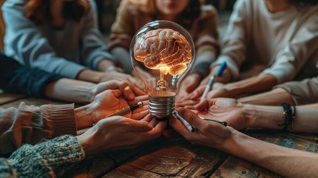 Creative business team sitting and brainstorming, close-up of hand with a digital bright light bulb and brain image