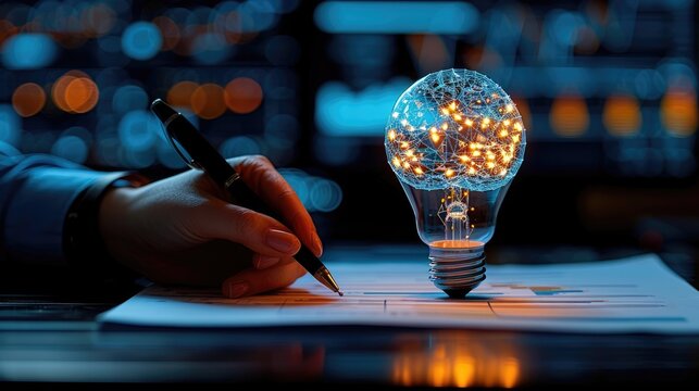 Creative business women sitting and brainstorming, close-up of hand with a digital bright light bulb and brain image