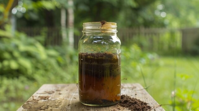 A jar of finished compost tea with a layer of sediment settled at the bottom.