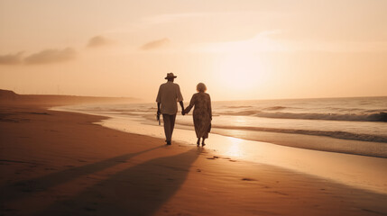 Happy senior man and woman old retired couple walking and holding hands on a beach at sunset 