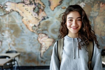 Fototapeta premium A girl with long hair is smiling and wearing a gray sweatshirt