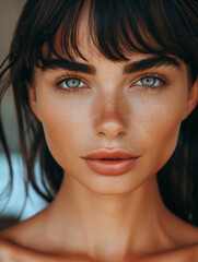 Naklejka premium Hübsches Frauen Gesicht brünette mit blauen Augen als Nahaufnahme 