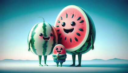 Three cute, smiling watermelon characters stand together on a blue background. The smallest one holds an ice cream cone, and they all look happy and cheerful.