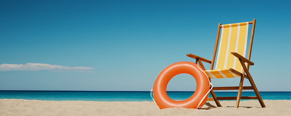 A single yellow beach chair, orange life preserver, and small umbrella set against a pristine sandy beach and blue ocean. Ideal for promoting summer vacations, beach resorts, and relaxation