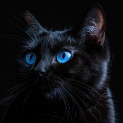 Detailed portrait of black cat with blue eyes on dark background, sony a1, 85mm f8