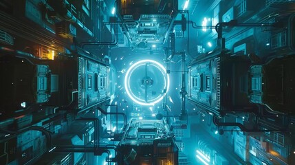 Craft a scene showing futuristic technologies from an aerial perspective