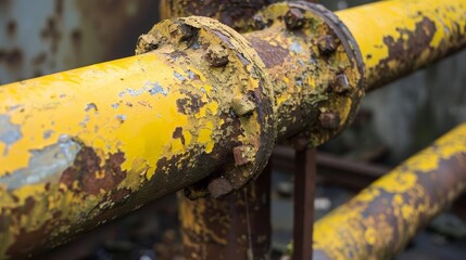 rusted relic weathered industrial pipe with faded yellow markings urban decay closeup photo
