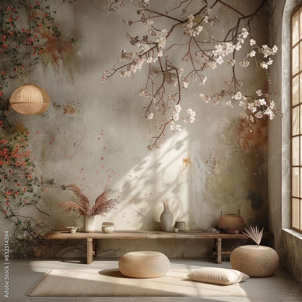 Poster a room with a wall covered in a floral design and a tree branch
