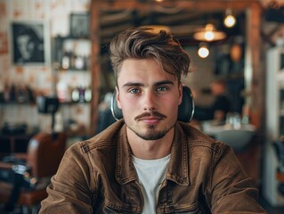Obraz premium Trendy guy with textured quiff haircut sitting in a barbershop chair,Generative AI illustration.