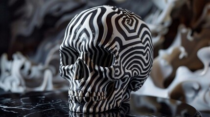 Craft a visually haunting composition of a skull-shaped cake, intricately decorated with abstract patterns, blending culinary arts and horror themes