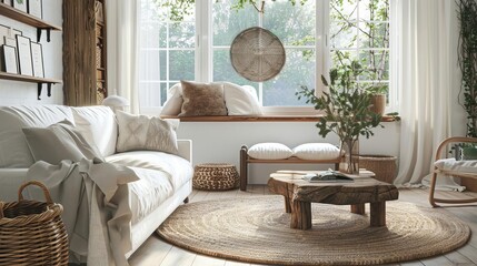 Obraz premium rustic elegance in cozy living room with natural wood accents 3d rendering