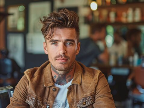 Trendy guy with textured quiff haircut sitting in a barbershop chair,Generative AI illustration.