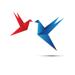 Love birds kissing, paper birds, origami background