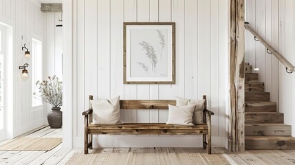 rustic farmhouse entryway with wooden bench white wall and framed artwork cozy country home interior design concept illustration