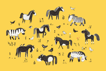 A set of cute cartoon horses in a meadow