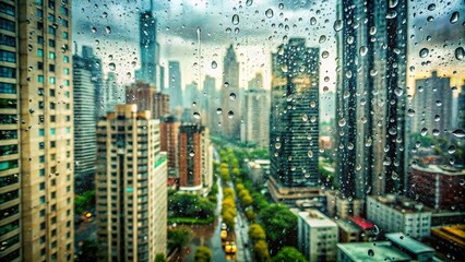 A rainy day in the city captured through a blurred window, showcasing tall buildings and urban scenery