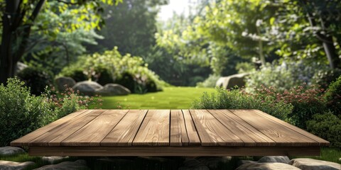 Fototapeta premium wooden table on green garden backgroud , place to place product advertisements