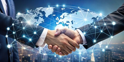 Global business network connection through digital technology with handshake