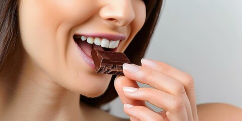 a image of a woman eating a piece of chocolate