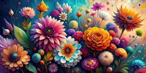 Colorful and dynamic floral artwork featuring abstract and loose style flowers on a modern background