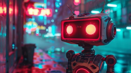 Red robot in a cyberpunk city for futuristic technology designs