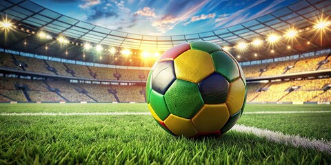 Close up shot of a Brazilian soccer ball on the green grass of a stadium, with the vibrant colors and patterns popping off the screen