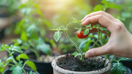 A color photo of two hands making a heart shape while planting a tomato seedling in a pot filled with soil with a blurred background and empty space for text