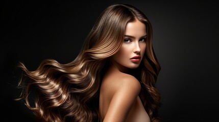 Naklejka premium Beautiful woman with long brown hair in motion with a dark backdrop showcasing hair care and beauty.