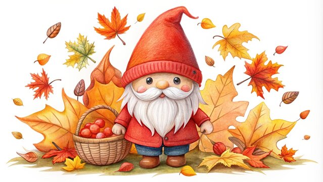 autumn gnome with red hat and fall leaves clip art preview